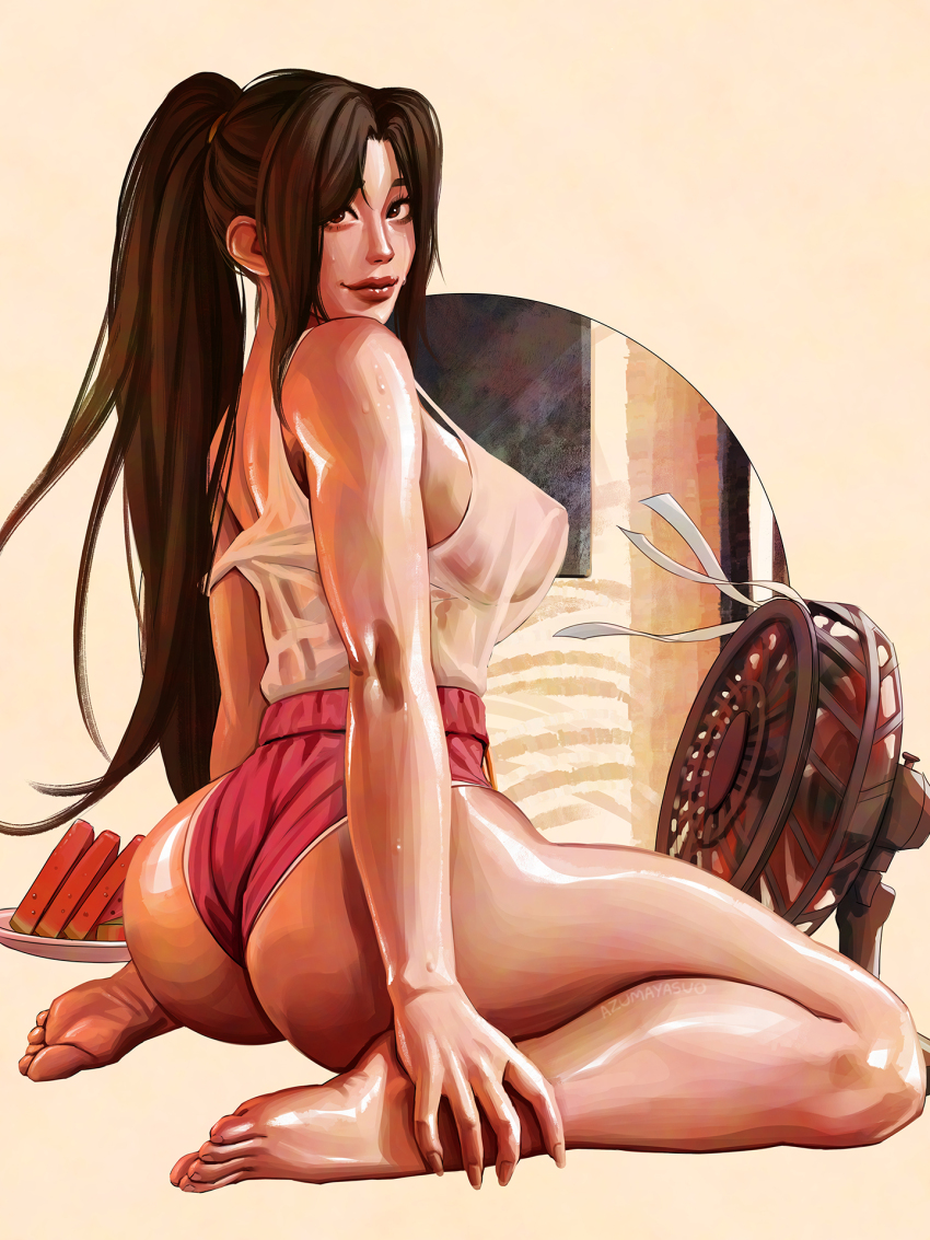 1girl ass azuma_yasuo bare_legs barefoot breasts covered_erect_nipples electric_fan fatal_fury food fruit highleg_shorts highres looking_at_viewer looking_back micro_shorts no_bra official_alternate_costume ponytail red_shorts shiranui_mai shirt_tucked_in shorts smile solo strap_slip street_fighter street_fighter_6 sweaty_clothes tank_top thighs watermelon watermelon_slice white_tank_top