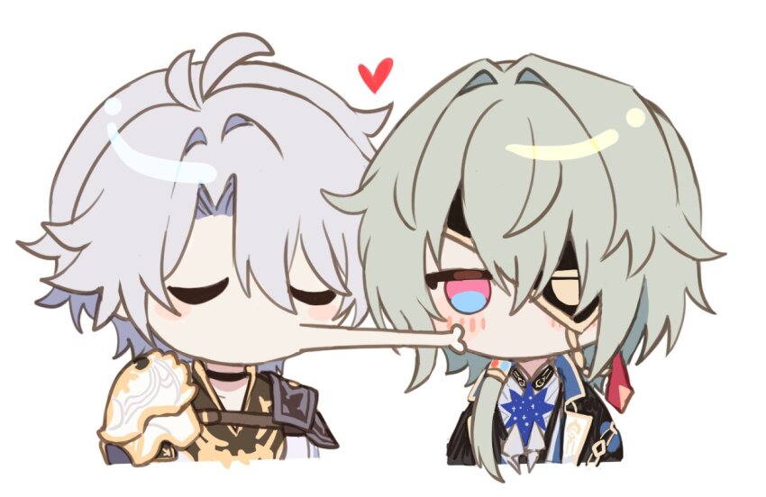 2boys anaxa_(honkai:_star_rail) armor belt_collar blue_hair blush chibi chibi_only choker collar collared_jacket collared_shirt crystal_earrings earrings eyepatch green_hair heart honkai:_star_rail honkai_(series) jacket jewelry kiss kissing_cheek lumbbyz multiple_boys phainon_(honkai:_star_rail) shirt short_hair shoulder_armor yaoi