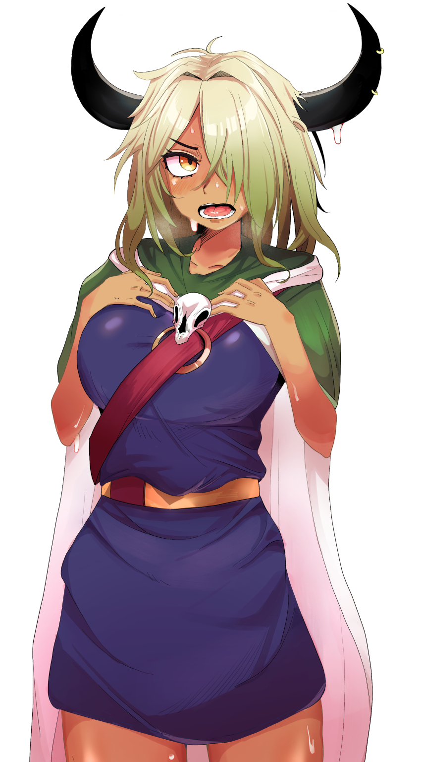 1girl absurdres annoyed belt blush breasts breath cape cowboy_shot dark-skinned_female dark_skin demon_king_tasogare embarrassed eyebrows female_focus genderswap genderswap_(mtf) green_cape green_hair hair_over_one_eye hands_on_own_chest highres horns large_breasts long_hair maou-jou_de_oyasumi open_mouth purple_tunic simple_background solo standing sweat tongue tsukumo_(pixiv44536358) tsundere tunic two-tone_background wavy_mouth white_background yellow_eyes