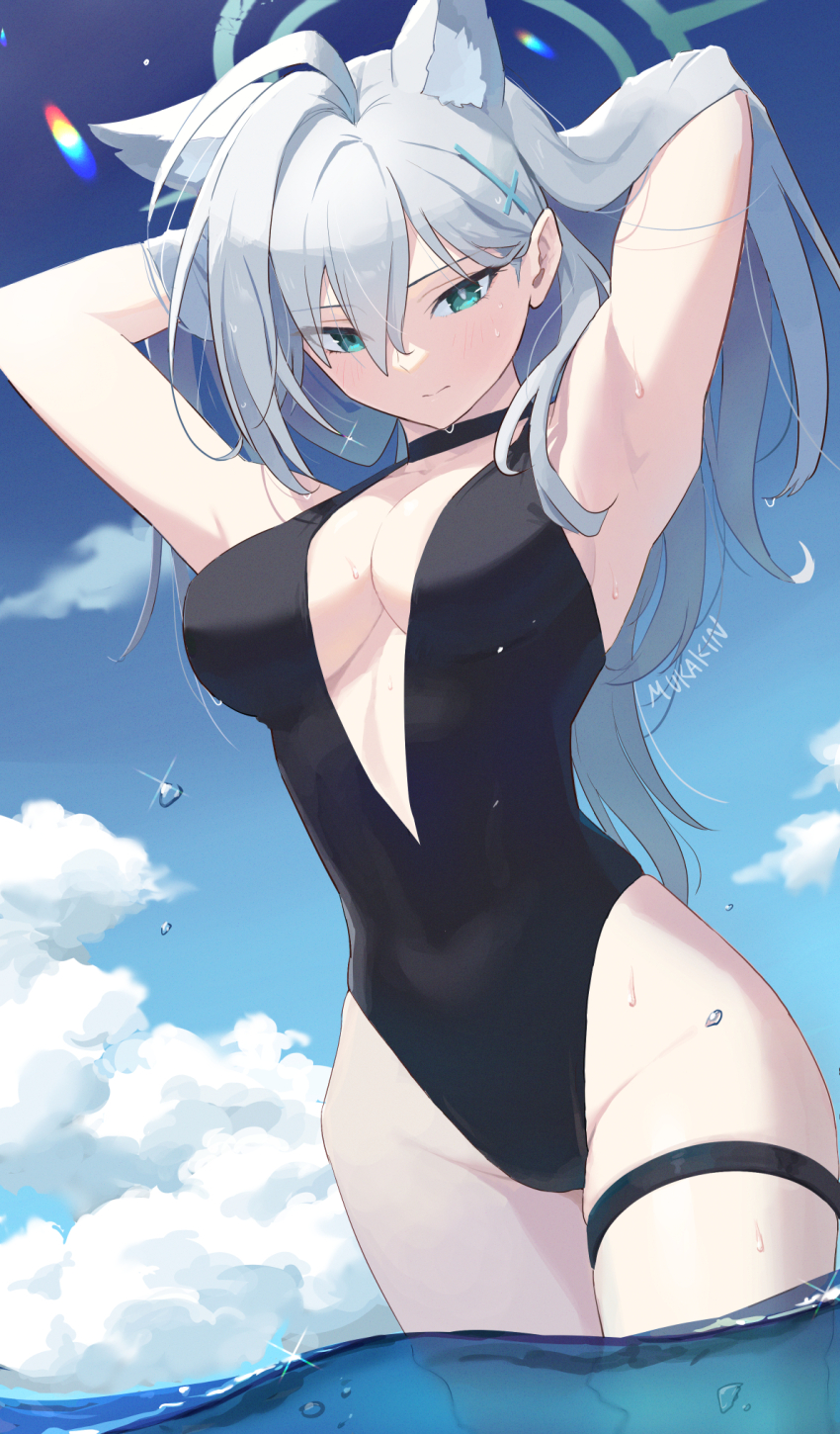 1girl ahoge alternate_costume animal_ear_fluff animal_ears armpits arms_behind_head arms_up artist_name black_one-piece_swimsuit blue_archive blue_sky breasts cleavage cloud cloudy_sky cowboy_shot day extra_ears grey_hair grey_halo hair_between_eyes halo highres large_breasts long_hair looking_at_viewer mukakin one-piece_swimsuit outdoors shiroko_(blue_archive) shiroko_terror_(blue_archive) sky solo swimsuit thigh_strap wading wolf_ears wolf_girl