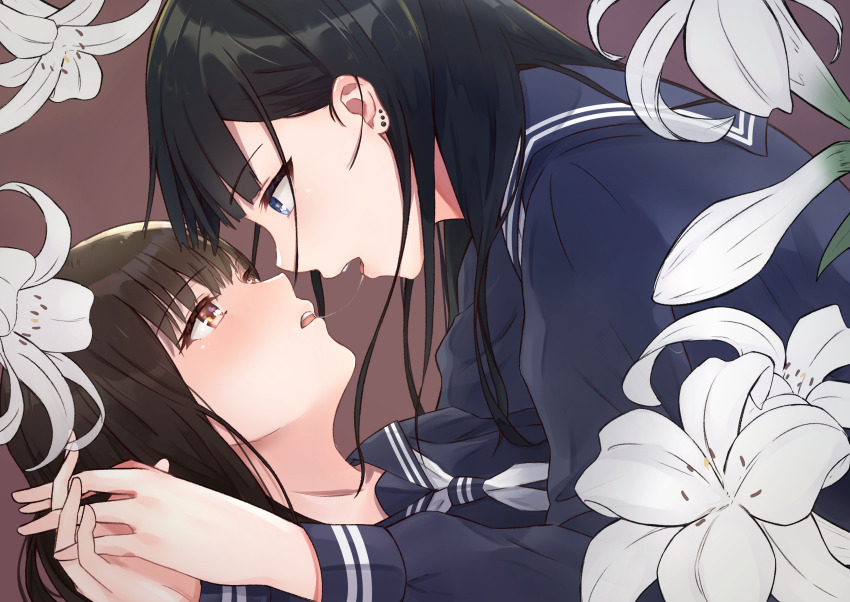 2girls absurdres after_kiss art_nouveau black_hair blue_eyes blue_sailor_collar blue_shirt blush brown_background brown_eyes brown_hair ear_piercing eye_contact face-to-face flower highres lily_(flower) long_sleeves looking_at_another multiple_girls neckerchief nose_blush open_mouth original piercing sailor_collar saliva saliva_trail school_uniform seijun_(seijun01) serafuku shirt white_flower white_neckerchief yuri