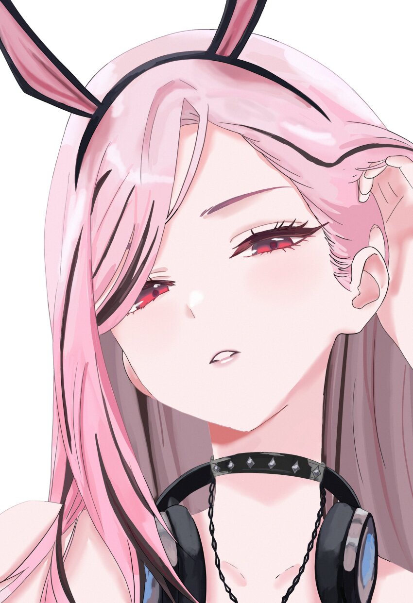 1girl absurdres adjusting_hair animal_ears black_choker choker fake_animal_ears headphones headphones_around_neck highres hololive hololive_english mori_calliope mori_calliope_(9th_costume) napat pink_eyes pink_hair rabbit_ears simple_background solo studded_choker upper_body virtual_youtuber white_background