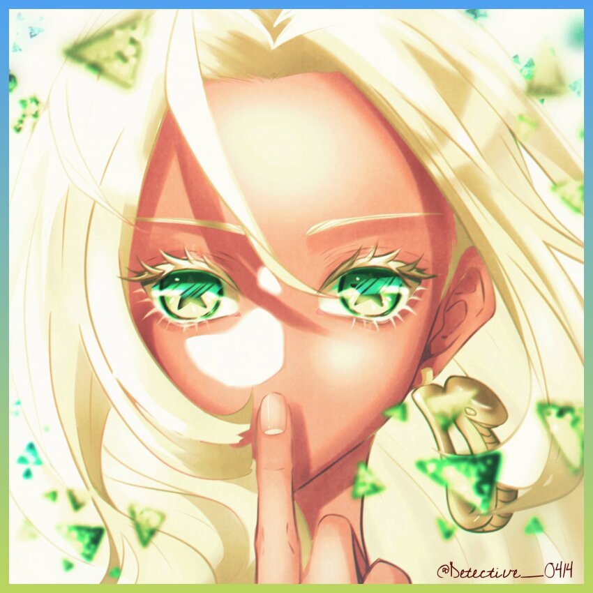 1girl blonde_hair close-up commentary detective_0414 earrings eyelashes finger_to_mouth floating_hair green_eyes highres jewelry long_hair looking_at_viewer one_piece portrait s-snake seraphim_(one_piece) snake_earrings solo star-shaped_pupils star_(symbol) symbol-shaped_pupils twintails