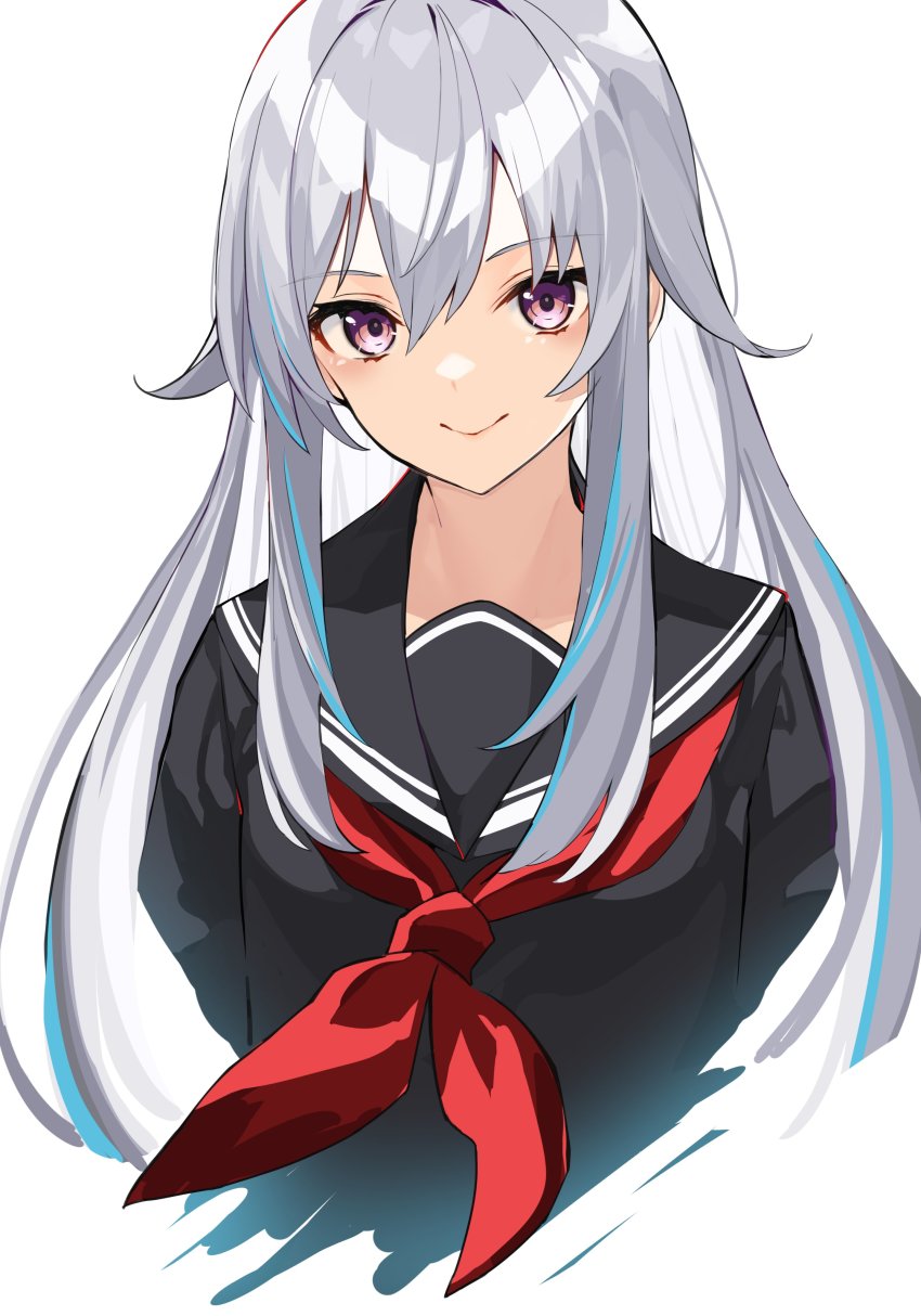 1girl absurdres black_sailor_collar black_shirt cropped_torso highres long_hair looking_at_viewer neckerchief original purple_eyes sailor_collar sailor_shirt shirt silver_hair simple_background smile solo takehana_note white_background