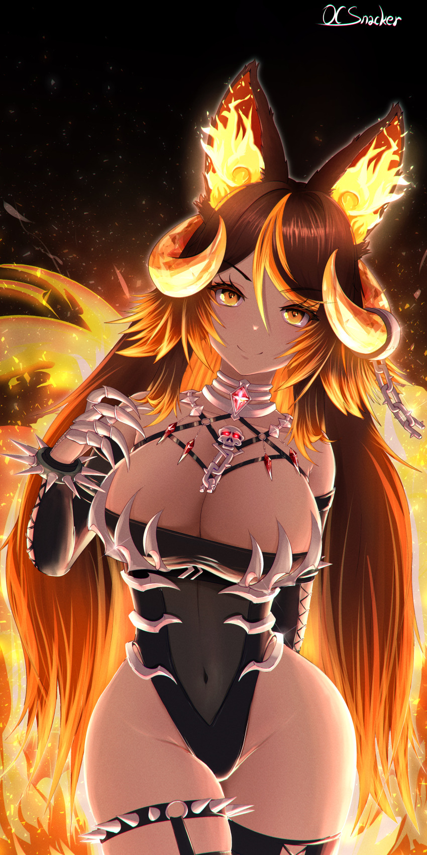 1girl absurdres black_leotard black_sleeves black_thighhighs bracelet breasts brown_hair chain cleavage closed_mouth collarbone fiery_ears fire gem hair_between_eyes highleg highleg_leotard highres horn_ornament horns indie_virtual_youtuber jewelry large_breasts leotard linea_alba long_hair multicolored_hair navel ocsnacker orange_eyes orange_hair orange_horns red_gemstone signature sinder_(vtuber) sinder_(vtuber)_(2nd_costume) skull_ornament smile solo spiked_bracelet spiked_thigh_strap spikes streaked_hair thighhighs virtual_youtuber