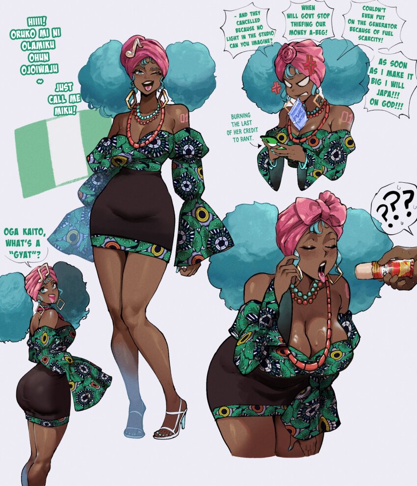 1girl 1other african_clothes afro alternate_skin_color aqua_eyes aqua_hair ass breasts character_sheet cleavage curvy dark-skinned_female dark-skinned_male dark_skin english_text expressions hatsune_miku highres huge_ass large_breasts long_hair multiple_views nigeria nigerian_flag nigerian_miku nyantcha open_mouth skirt speech_bubble thick_thighs thighs twintails very_dark_skin vocaloid worldwide_miku