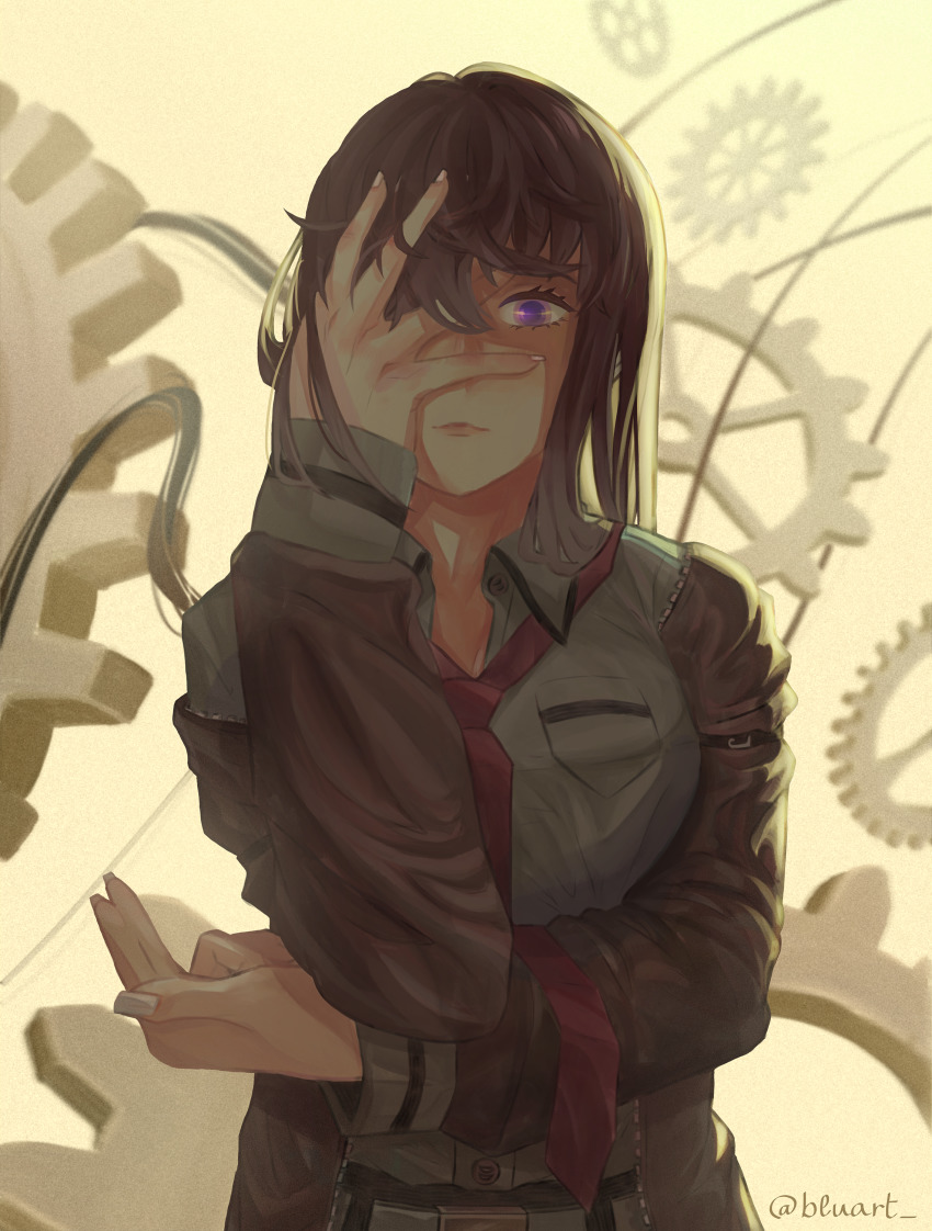 1girl absurdres arm_under_breasts belt blu_(bluart_) brown_hair dress_shirt gears glaring hand_on_own_face hand_over_eye highres holding holding_own_hair jacket looking_at_viewer makise_kurisu necktie off_shoulder purple_eyes red_necktie shirt signature solo steins;gate unbuttoned unbuttoned_shirt white_shirt