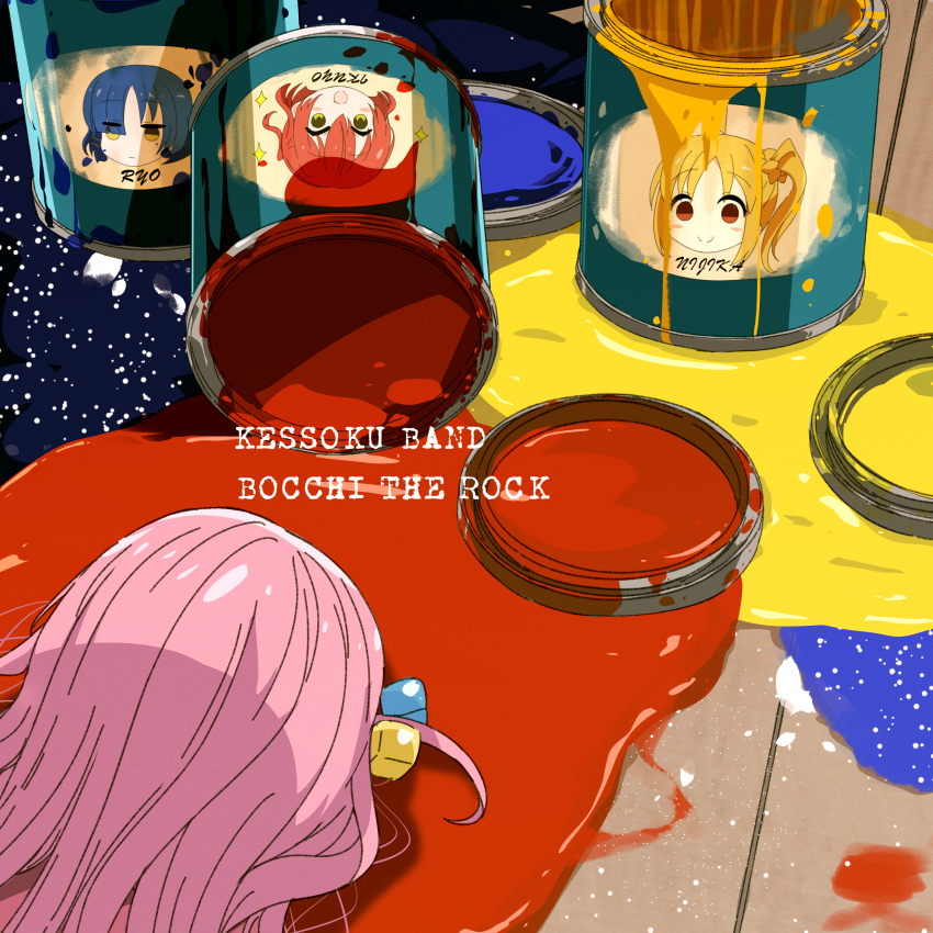 1girl absurdres album_cover album_cover_redraw bocchi_the_rock! bucket bucket_spill copyright_name cover cube_hair_ornament derivative_work face_down gotoh_hitori goumonsha hair_ornament highres husking_bee ijichi_nijika kita_ikuyo long_hair lying mole mole_under_eye on_floor on_stomach paint paint_can paint_splatter parody pink_hair solo spill yamada_ryo