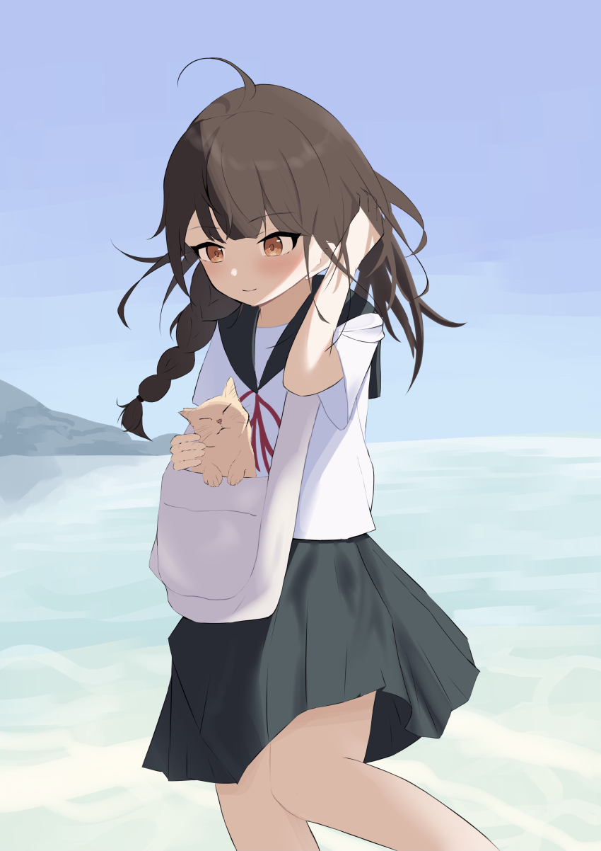 1girl 3keaki absurdres animal bag braid brown_hair cat commentary_request day highres long_hair looking_down neck_ribbon ocean orange_eyes original outdoors petting pleated_skirt ribbon school_uniform serafuku short_sleeves shoulder_bag skirt sky smile solo standing standing_on_one_leg tucking_hair water