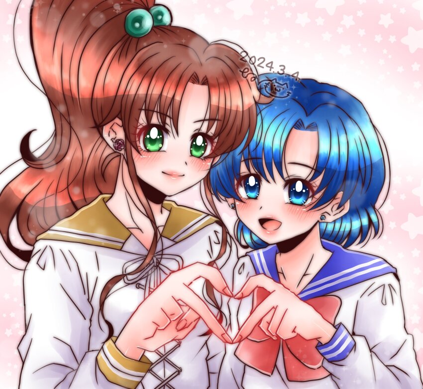 2girls bishoujo_senshi_sailor_moon blue_eyes blue_sailor_collar blush bow bowtie brown_hair dated earrings flower_earrings green_eyes green_sailor_collar hair_bobbles hair_ornament heart heart_hands heart_hands_duo highres jewelry juuban_middle_school_uniform kino_makoto kino_makoto&#039;s_school_uniform mizuno_ami multiple_girls open_mouth ponytail red_bow red_bowtie sailor_collar school_uniform serafuku smile stud_earrings supernova24_24 yuri