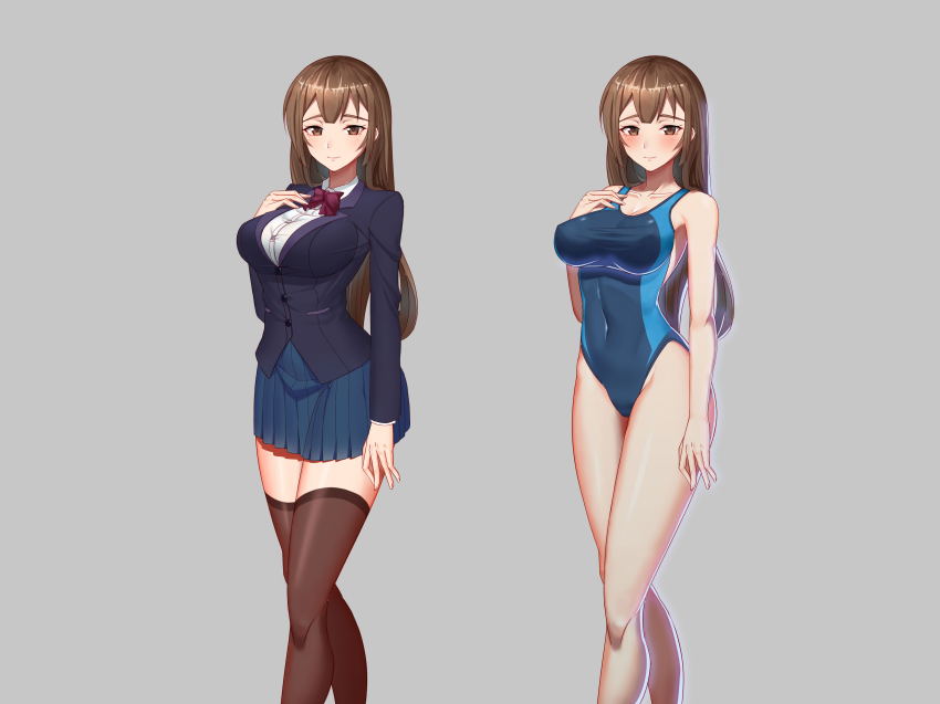 1girl absurdres blazer blue_skirt blush bow breasts brown_eyes brown_hair collarbone competition_swimsuit covered_navel grey_background hand_on_own_chest highres idolmaster idolmaster_cinderella_girls jacket large_breasts long_hair looking_at_viewer multiple_views nitta_minami northman one-piece_swimsuit pleated_skirt school_uniform simple_background skirt swimsuit thighhighs zettai_ryouiki