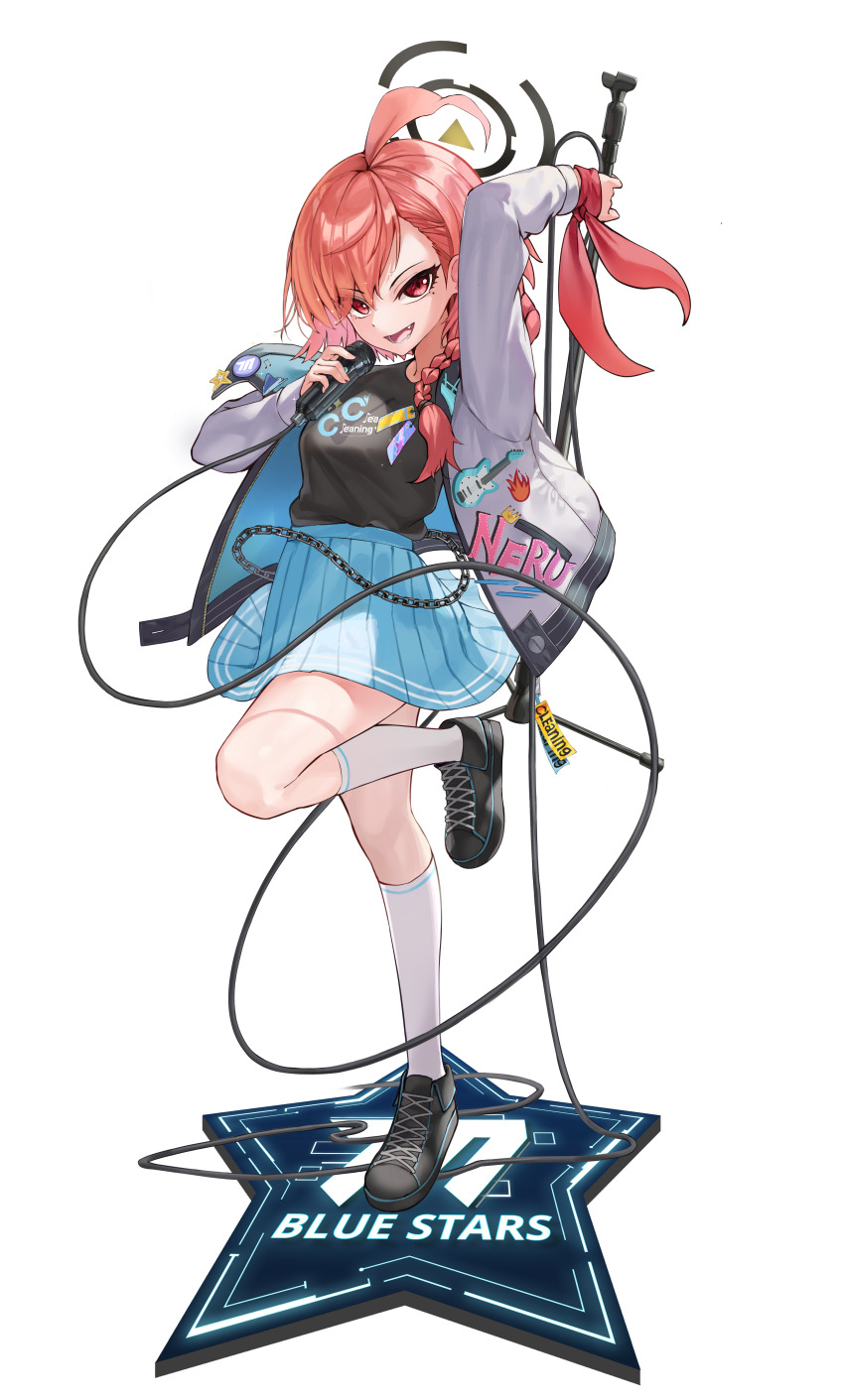 1girl :d absurdres ahoge audio_cable bandana black_footwear black_shirt blue_archive blue_skirt blue_trim braid cable chain english_text fang hair_over_one_eye highres holding holding_microphone holding_microphone_stand jacket kneehighs microphone microphone_stand mole mole_under_eye neru_(blue_archive) open_mouth orange_hair pink_eyes red_bandana red_eyes shirt shoes short_hair single_braid skirt smile sneakers socks standing standing_on_one_leg t-shirt tsurime wakum white_jacket white_socks