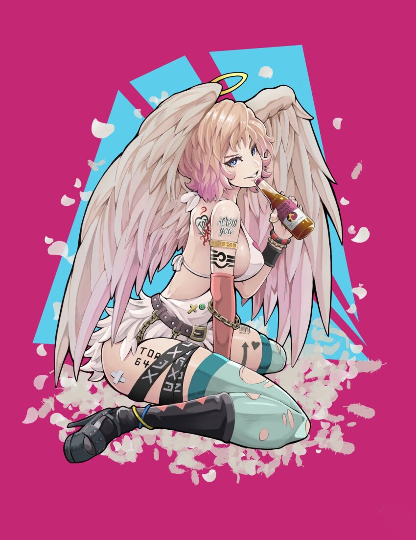 1girl angel angel_wings back_tattoo bikini blonde_hair bottle feathered_wings feathers full_body green_thighhighs halo highres holding holding_bottle leg_tattoo original pink_background short_hair shoulder_tattoo solo swimsuit tattoo thighhighs to-ru torn_clothes torn_thighhighs white_bikini white_feathers wings yellow_halo