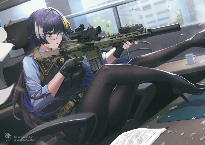 1girl alina_svard_kovalenko_(laotianaviator) ar-15 assault_rifle bespectacled black_pantyhose blue_eyes blue_shirt broken_window coffee_mug commission cup dynamic_pose elcan_scope firing glass_shards glasses gloves gun gun_sling heterochromia high_heels highres hiroki_ree indoors laser_sight long_hair mug multicolored_hair office_lady original pantyhose paper pinstripe_pattern pinstripe_vest red_dot_sight rifle shirt single_glove sitting solo suppressor table vest weapon yellow_eyes