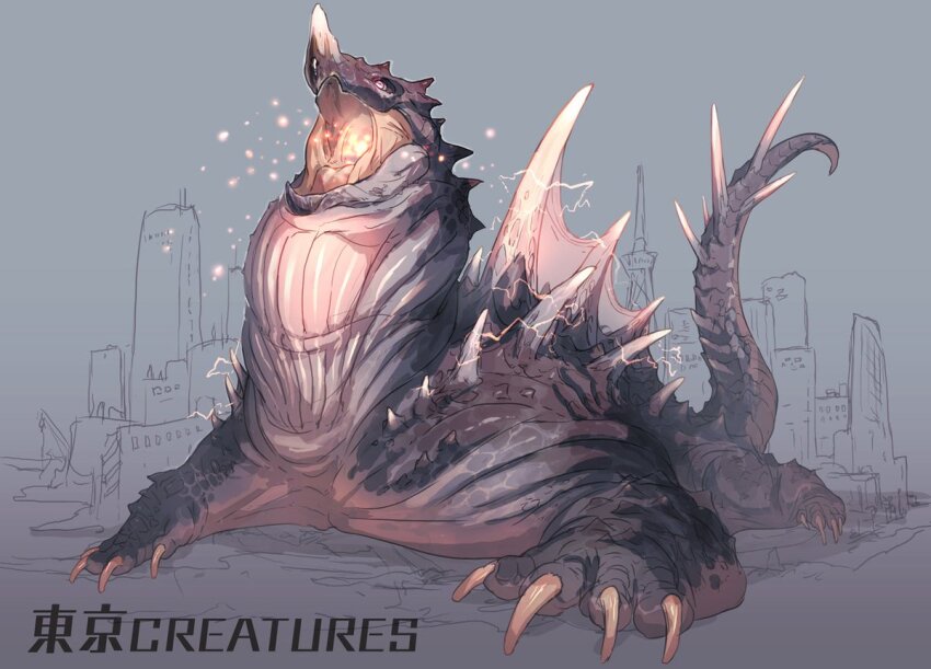 animal_focus breath_weapon city claws colossus electricity fins grey_background horizontal_pupils monster no_humans open_mouth original outdoors pink_eyes solo spikes tail yamamura_le