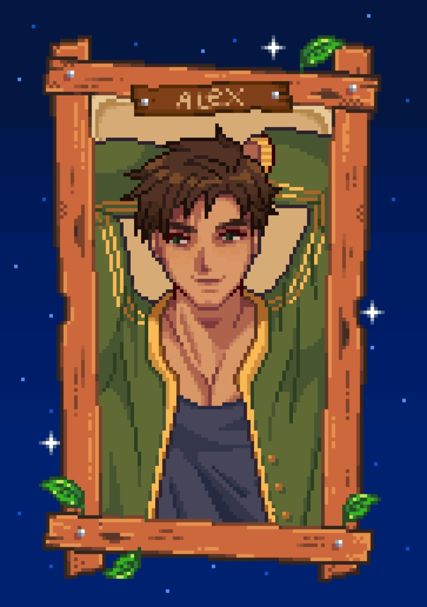 1boy alex_(stardew_valley) arms_behind_head black_shirt blue_sky brown_hair character_name closed_mouth collarbone commentary english_commentary green_eyes green_jacket highres jacket leaf looking_at_viewer male_focus mimpish pectoral_cleavage pectorals picture_frame pixel_art portrait shirt short_bangs short_hair sky smile solo star_(sky) stardew_valley starry_sky tan