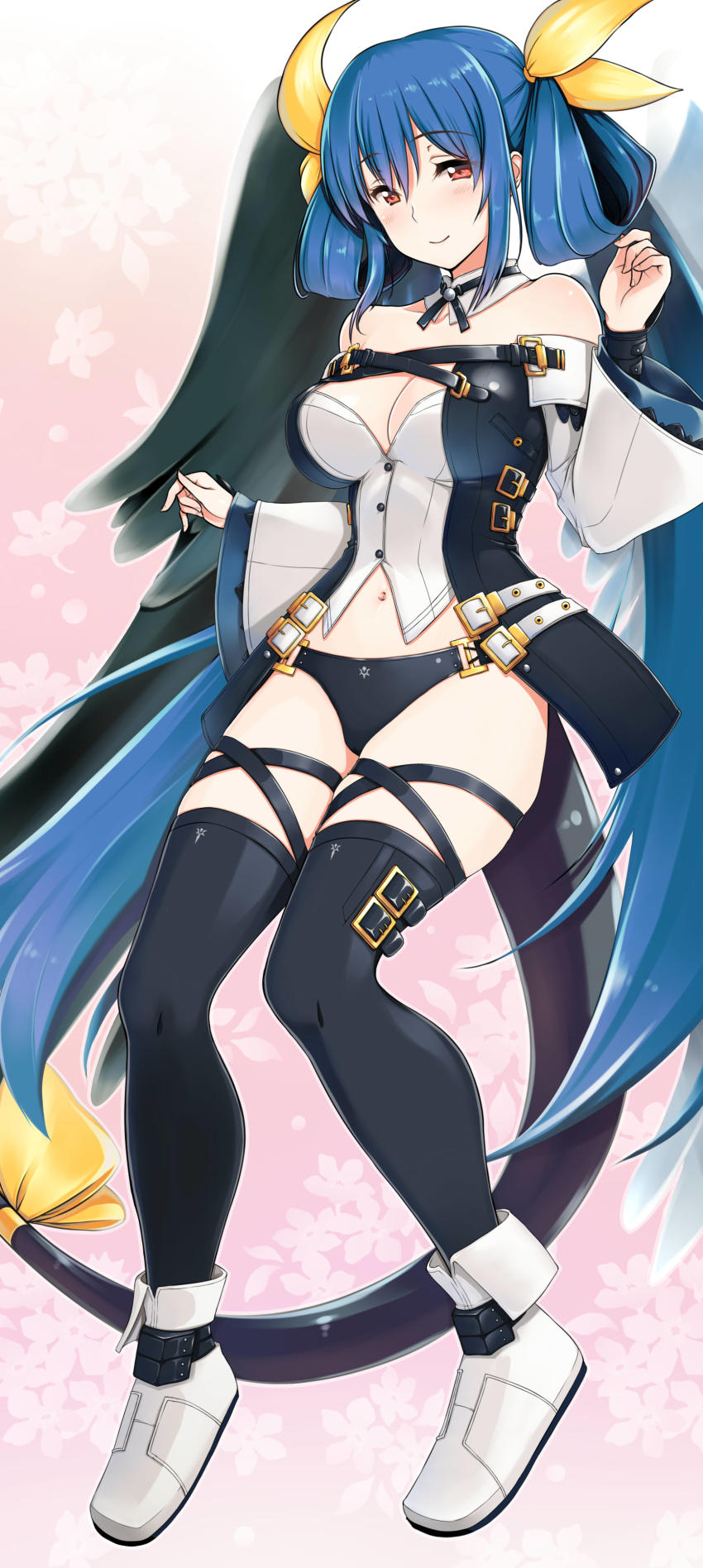 1girl absurdres asymmetrical_wings bare_shoulders black_panties black_thighhighs blue_hair blush breasts cleavage dizzy_(guilty_gear) eyebrows female_focus full_body guilty_gear guilty_gear_xrd hair_ribbon highres large_breasts long_hair looking_at_viewer masaoka_misaki navel panties purple_eyes red_eyes ribbon smile solo tail tail_ornament tail_ribbon thighhighs twintails underwear wings