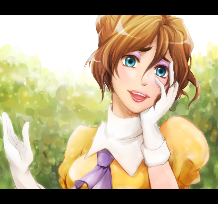 1girl blue_eyes brown_hair disney eyelashes eyeshadow female_focus gloves hair_bun hand_on_own_cheek hand_on_own_face highres jane_porter letterboxed lips lipstick looking_at_viewer makeup open_mouth sagara_shino single_hair_bun solo tarzan