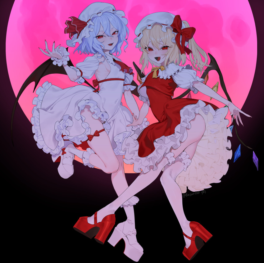 2girls :d ascot ass bat_wings beijuu blonde_hair blue_hair bow breasts covered_navel crystal dress embodiment_of_scarlet_devil fang fangs fingernails flandre_scarlet frilled_dress frilled_shirt_collar frilled_skirt frills full_body full_moon hair_between_eyes hat hat_bow hat_ribbon high_heels highres kneehighs mary_janes medium_hair mob_cap moon multicolored_wings multiple_girls neck_ribbon one_side_up open_mouth petticoat puffy_short_sleeves puffy_sleeves red_ascot red_bow red_dress red_eyes red_moon red_ribbon red_vest remilia_scarlet ribbon sharp_fingernails shoes short_sleeves siblings sideboob sisters skirt slit_pupils small_breasts smile socks standing thigh_strap thighhighs thighs touhou vampire vest white_dress white_socks white_thighhighs wings wrist_cuffs