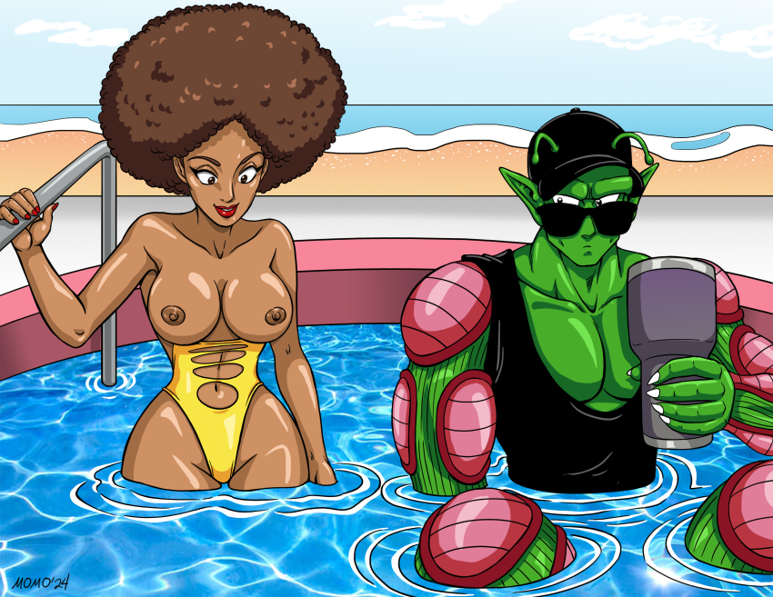 1boy 1girl absurdres afro beach breasts brown_hair chiomomo1981 cup dark-skinned_female dark_skin dragon_ball dragon_ball_super hat highleg highleg_one-piece_swimsuit highres janet_(dragon_ball) lipstick makeup one-piece_swimsuit partially_submerged piccolo pool swimsuit water wide_hips yellow_one-piece_swimsuit