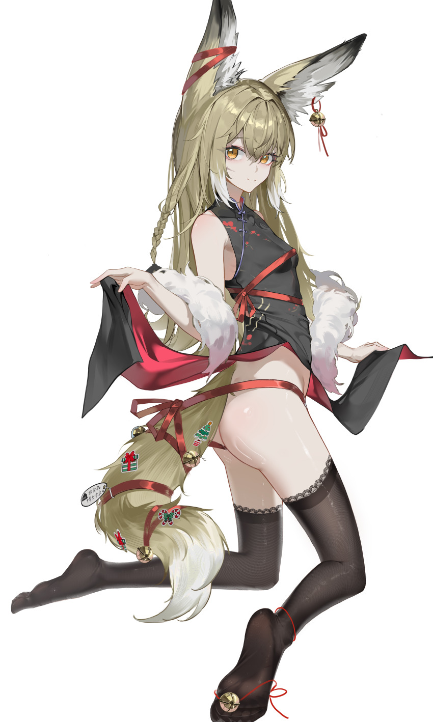 1girl absurdres animal_ear_fluff animal_ears arknights ass bare_legs barefoot black_dress black_thighhighs blonde_hair breasts china_dress chinese_clothes chinese_commentary commentary_request dress ear_bell fox_ears fox_girl fox_tail highres huade_xiami large_variant_set leg_ribbon looking_at_viewer no_panties red_ribbon ribbon simple_background small_breasts smile soles solo tail thighhighs toes variant_set vulpisfoglia_(arknights) white_background wrapped_up yellow_eyes