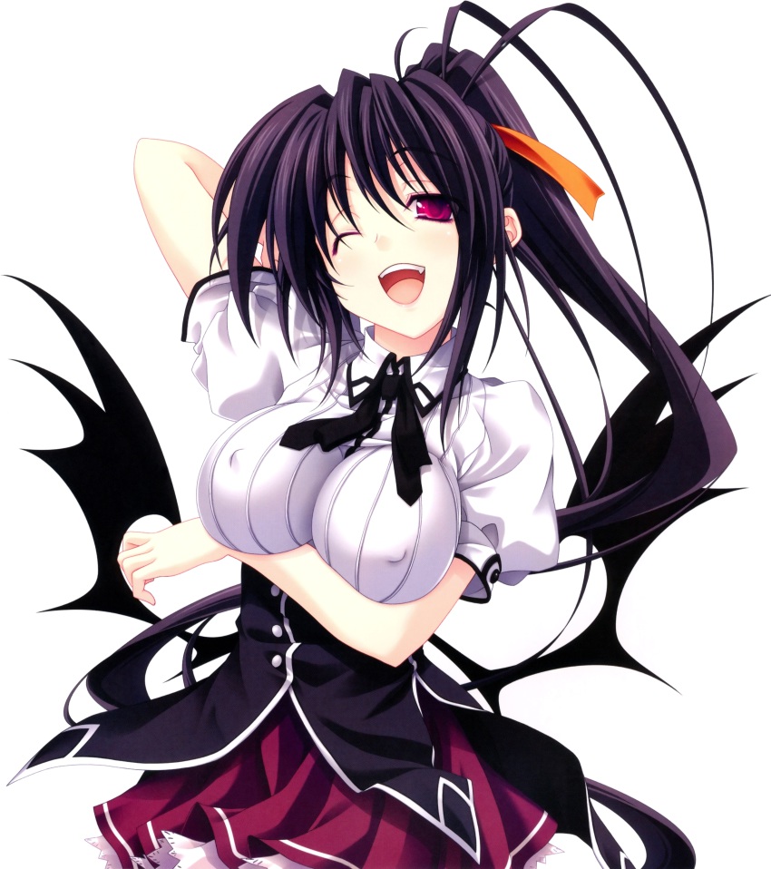 10s 1girl absurdres black_hair breasts female_focus high_school_dxd highres himejima_akeno large_breasts long_hair looking_at_viewer miyama-zero official_art ponytail purple_eyes smile solo standing wings