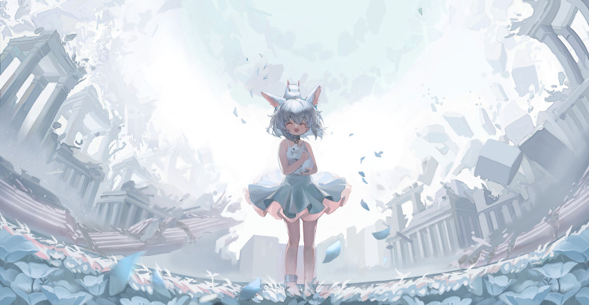 1girl :d ^_^ animal animal_ears animal_hug animal_on_head bare_arms bare_shoulders barefoot closed_eyes column commentary_request day debris doubutsunoujyou dress facing_viewer flower grey_hair hair_between_eyes highres on_head open_mouth original outdoors petals pillar rabbit rabbit_ears ruins sky sleeveless sleeveless_dress smile solo standing white_dress white_flower