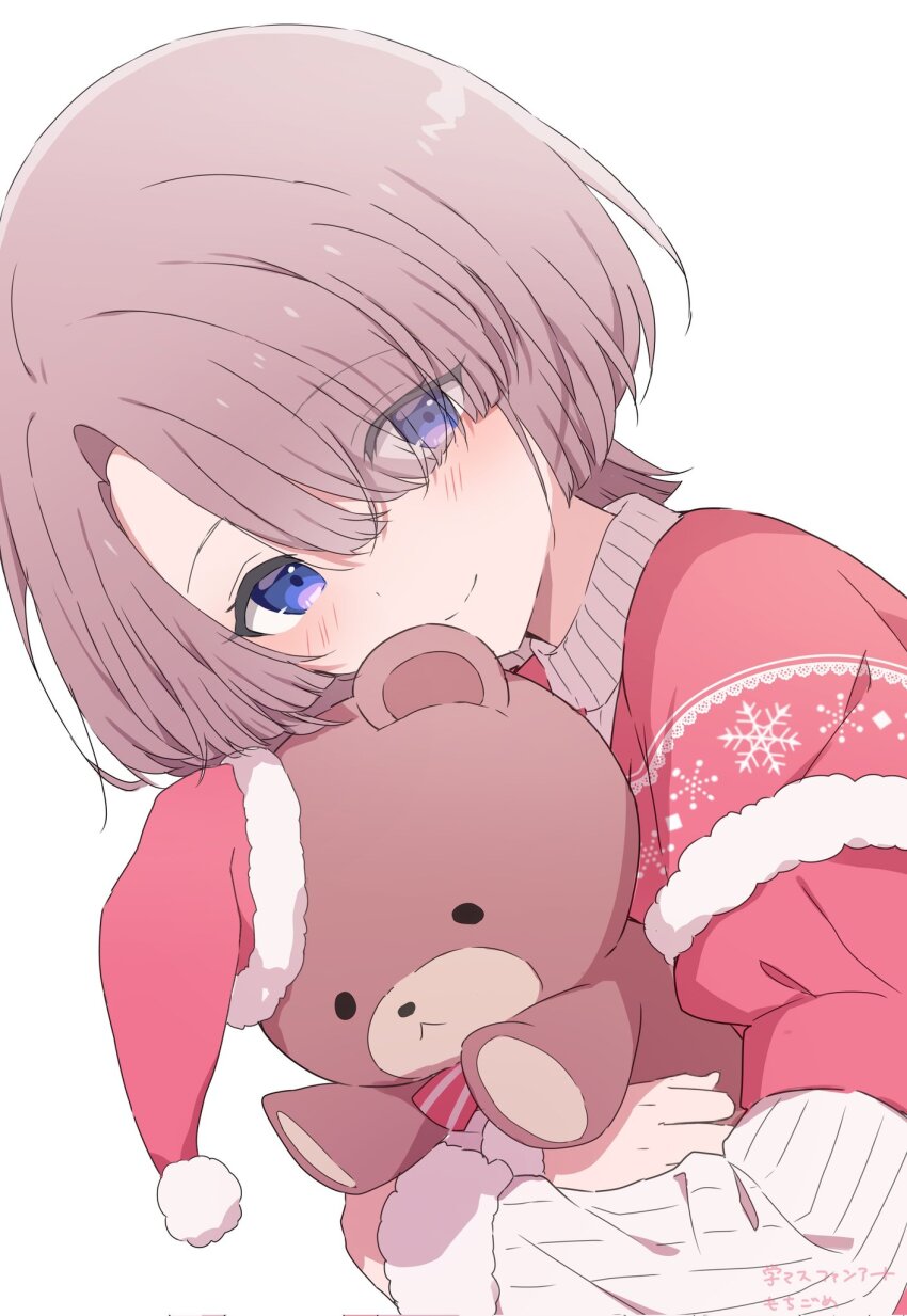 1girl arimura_mao artist_name asymmetrical_bangs blush capelet closed_mouth dot_nose from_side fur-trimmed_capelet fur-trimmed_headwear fur_trim gakuen_idolmaster hair_over_one_eye hat highres holding holding_stuffed_toy idolmaster long_sleeves looking_at_viewer mochigome_(ununquadium) pink_hair purple_eyes red_capelet santa_hat short_hair simple_background smile solo stuffed_animal stuffed_toy sweater teddy_bear turtleneck turtleneck_sweater upper_body white_background white_sweater