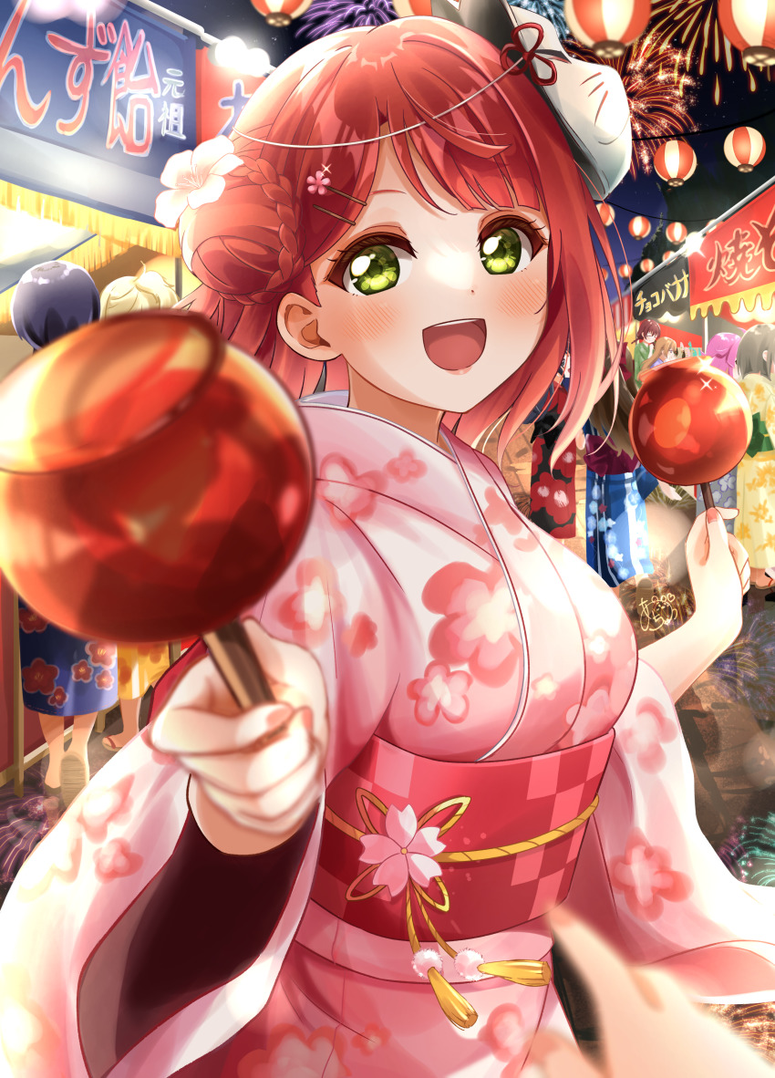 1girl absurdres artist_name artist_request blush braid braided_bun breasts candy candy_apple close-up cloud female_focus festival firework_background fireworks floral_print flower_print food green_eyes hair_bun hair_ornament hairclip highres holding holding_candy holding_food japanese_clothes kimono kimono_skirt long_sleeves looking_at_viewer love_live! love_live!_nijigasaki_high_school_idol_club mask mask_on_head miniskirt nail_(hardware) nail_polish night night_sky obi orange_hair outdoors parted_lips pink_kimono pink_lips pink_nails pink_skirt plaid_clothes plaid_skirt pleated pleated_skirt red_hair red_obi sash short_hair side_bun single_side_bun skirt sky smile solo star_(sky) uehara_ayumu wide_sleeves yellow_eyes