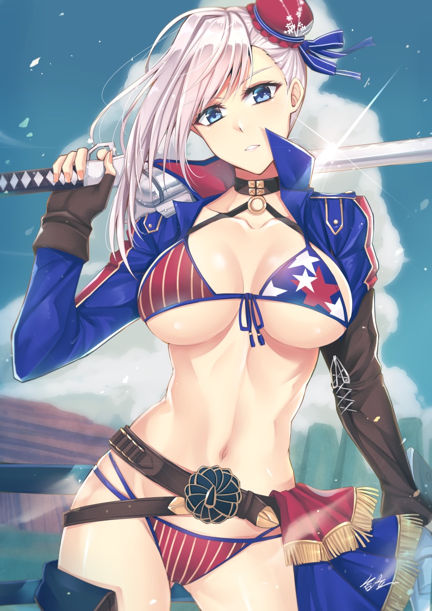 1girl absurdres american_flag_bikini american_flag_print asymmetrical_hair belt bikini black_one-piece_swimsuit blue_jacket blue_sky breasts bun_cover choker cloud contrapposto cowboy_shot cropped_jacket day fate/grand_order fate_(series) flag_print gu_li hair_bun highres jacket large_breasts long_hair looking_at_viewer miyamoto_musashi_(fate) miyamoto_musashi_(fate/grand_order) miyamoto_musashi_(swimsuit_berserker)_(fate) miyamoto_musashi_(swimsuit_berserker)_(second_ascension)_(fate) navel one-piece_swimsuit outdoors print_bikini red_bikini single_hair_bun sky solo standing swept_bangs swimsuit sword weapon