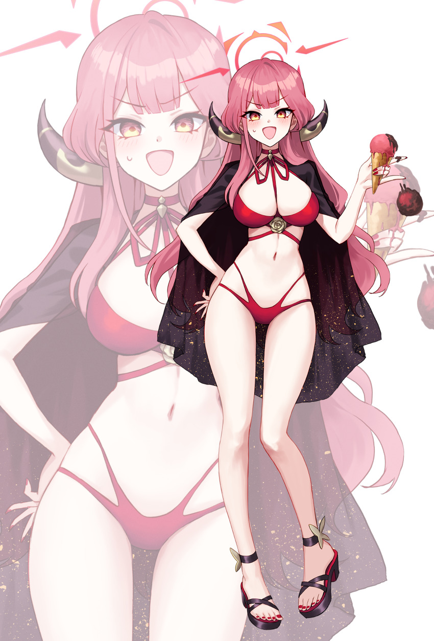 1girl absurdres alternate_costume aru_(blue_archive) bikini black_cape black_footwear blue_archive blush breasts cape cleavage commentary_request demon_girl demon_horns fingernails food full_body halo hand_on_own_hip highleg highleg_bikini highres holding holding_ice_cream_cone horns ice_cream ice_cream_cone kyundoo large_breasts looking_at_viewer nail_polish navel nervous_smile open_mouth red_bikini red_hair red_halo red_nails simple_background smile standing sweat swimsuit toenail_polish toenails white_background yellow_eyes zoom_layer