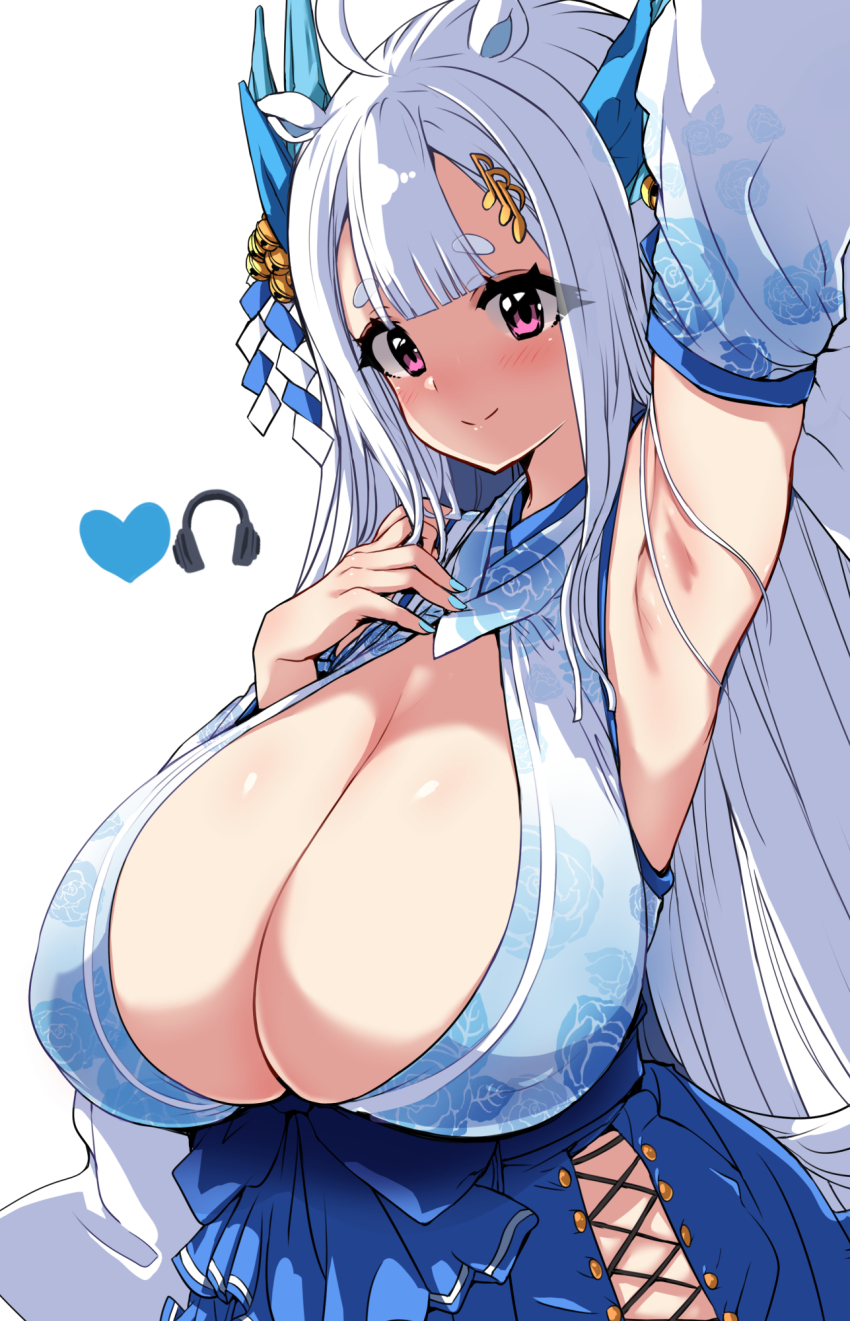 1girl ahoge animal_ears arm_up armpits blue_skirt blunt_bangs breasts character_request cleavage closed_mouth copyright_request detached_sleeves floral_print heart highres hirowa_nagi huge_breasts light_smile long_hair looking_at_viewer pink_eyes short_eyebrows simple_background skirt solo thick_eyebrows very_long_hair white_background white_hair