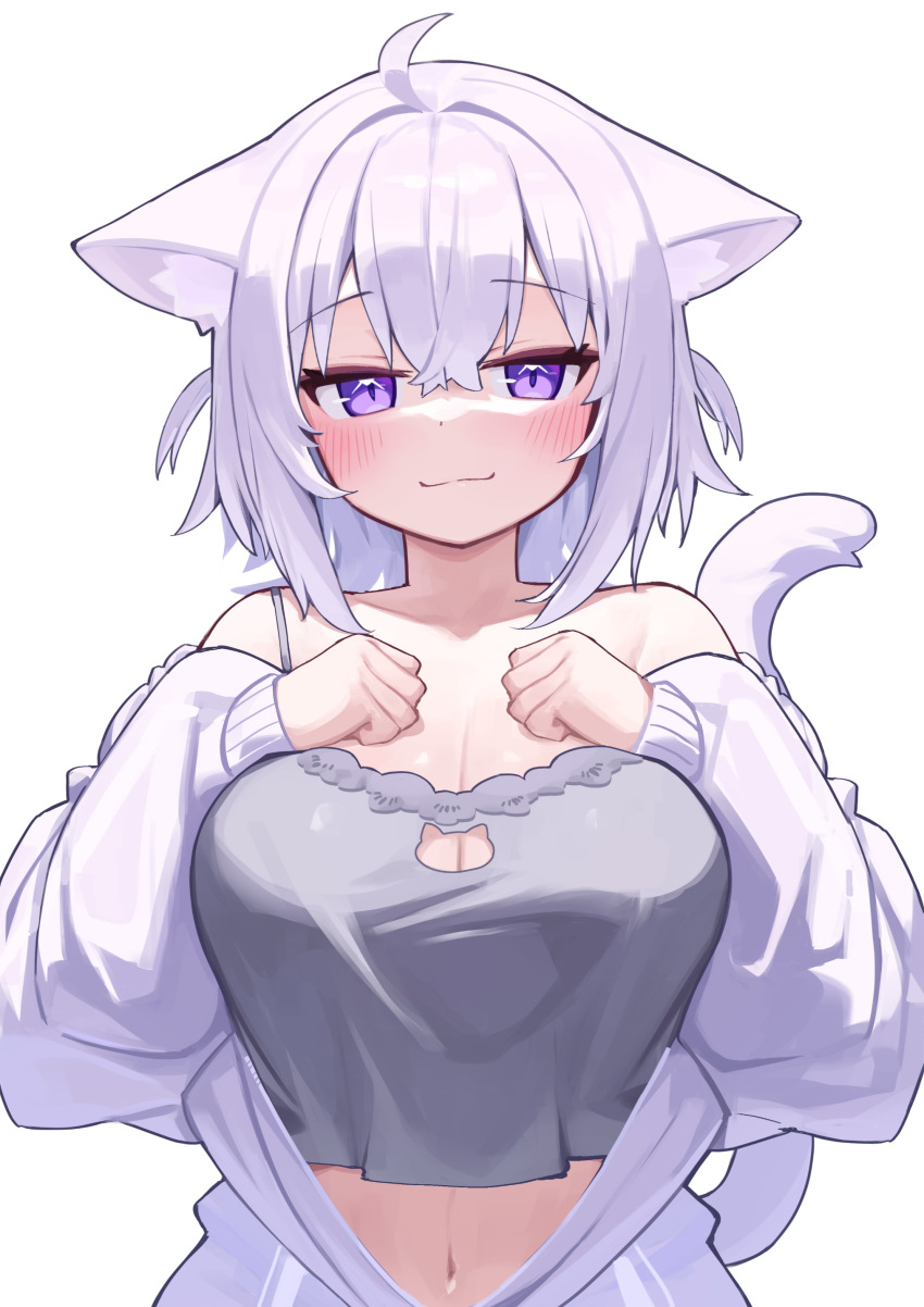 1girl :3 absurdres ahoge animal_ears bare_shoulders blush breasts camisole cat_cutout cat_ears cat_girl cat_tail cleavage_cutout closed_mouth clothing_cutout commentary_request crossed_bangs deaver double-parted_bangs grey_camisole hair_between_eyes hands_on_own_chest highres hololive jacket large_breasts long_sleeves looking_at_viewer medium_hair navel nekomata_okayu nekomata_okayu_(membership) official_alternate_costume official_alternate_hairstyle partially_unzipped purple_eyes purple_hair purple_jacket solo straight-on strap_slip tail two_side_up virtual_youtuber