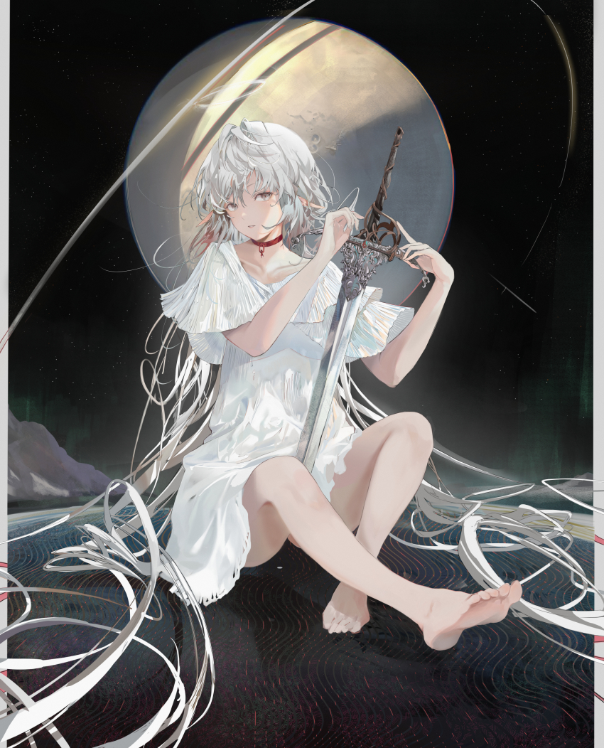 1girl absurdres bad_id bad_pixiv_id barefoot collarbone crescent_moon dress feet frilled_sleeves frills full_body grey_eyes grey_hair halo hands_up highres holding jenmin12 legs long_hair moon multicolored_hair night night_sky original pointy_ears red_hair shadow sitting sky soles solo streaked_hair sword toes very_long_hair weapon white_dress