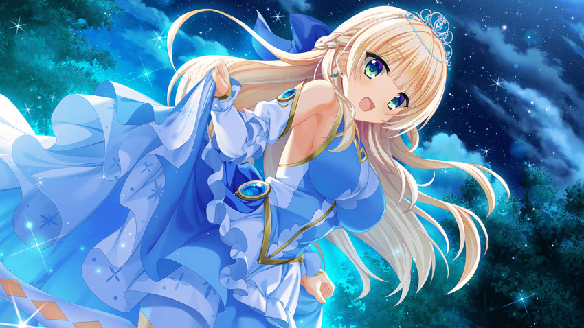 1girl :d bare_shoulders blonde_hair blue_bow blue_dress blunt_bangs blush bow breasts cowboy_shot deep_one_kyomu_to_mugen_no_fragment detached_sleeves dress dutch_angle earrings floating_hair game_cg green_eyes hair_between_eyes hair_bow half_up_braid happy impossible_clothes jewelry juliet_sleeves kin-iro_loveriche large_breasts long_hair long_sleeves looking_at_viewer moribe_(rabumanyo) night official_art open_mouth outdoors princess puffy_sleeves skirt_hold sky sleeveless sleeveless_dress smile solo sparkle star_(sky) starry_sky sylvia_le_cruzcrown_sortilege_sisua tiara tsurime very_long_hair