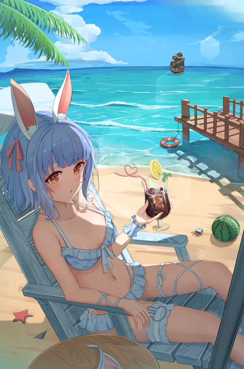 1girl absurdres animal_ears bare_shoulders beach beach_chair bikini blue_bikini blue_hair blue_sky breasts brown_eyes cloud collarbone frilled_bikini frills highres hololive medium_breasts ocean official_alternate_costume palm_tree pirate_ship rabbit_ears rabbit_girl sand shiraiyu sitting sky solo sunlight swimsuit tree usada_pekora usada_pekora_(summer) virtual_youtuber water