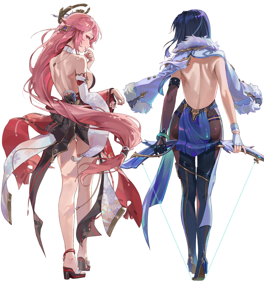 2girls absurdres ass asymmetrical_gloves bare_shoulders blue_hair boots bow breasts closed_mouth coat earrings elbow_gloves fingerless_gloves from_behind full_body genshin_impact gloves hair_between_eyes hair_ornament high_heel_boots high_heels highres japanese_clothes jewelry large_breasts long_hair looking_at_viewer looking_back medium_breasts medium_hair multiple_girls non-web_source pink_hair rhtkd sandals short_hair shoulder_blades sideboob thigh_boots thigh_gap white_background wind yae_miko yelan_(genshin_impact)