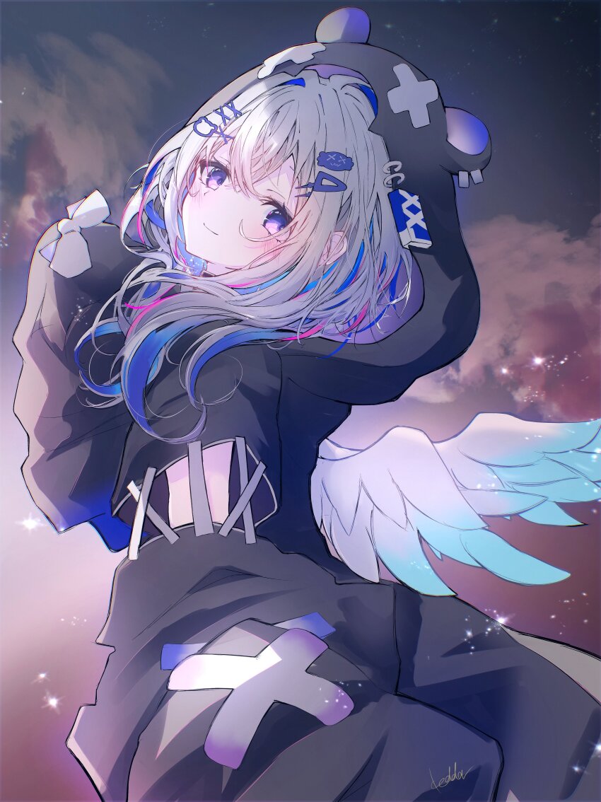 1girl absurdres amane_kanata amane_kanata_(punk_rock) angel_wings animal_ears animal_hair_ornament animal_hood black_jacket blue_hair blush cheddar_create cloud colored_inner_hair colored_tips crossed_bangs detached_sleeves fake_animal_ears feathered_wings from_side gradient_wings grey_hair hair_ornament hairclip highres hololive hood hooded_jacket jacket light_particles long_hair looking_at_viewer low_wings multicolored_hair multicolored_wings purple_eyes sidelighting sidelocks signature sleeve_bow sleeves_past_fingers sleeves_past_wrists smile solo turning_head upper_body virtual_youtuber wings x_hair_ornament