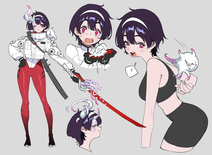 ! 1girl =_= arm_behind_back asymmetrical_eyes bike_shorts black_hair bodysuit collared_jacket creature crop_top cupping_hands double-parted_bangs gloves grey_background hairband hand_on_own_hip heterochromia highres holding holding_sword holding_weapon horns jacket katana leaning_forward looking_back mogumo no_pupils one-eyed own_hands_together pants reantlers red_eyes red_pants sheath short_hair simple_background skin-covered_horns smile smirk standing star_(symbol) surprised sweatdrop sword tank_top tentacles turtleneck turtleneck_bodysuit weapon weapon_on_back white_eyes