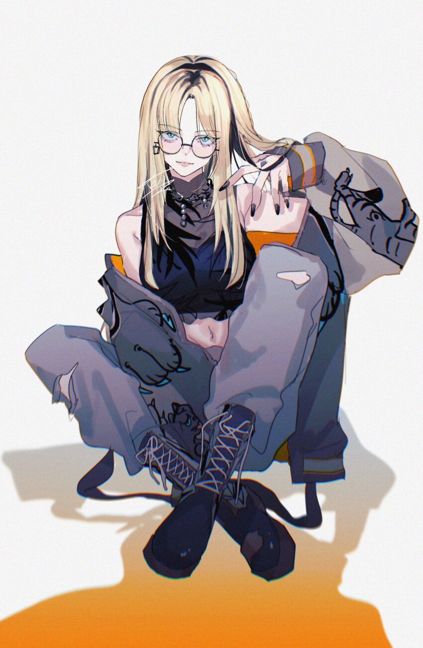 1girl animal_print ankle_boots bare_shoulders black_nails black_tank_top blonde_hair boots breasts chain chain_necklace combat_boots commentary crop_top cross-laced_footwear crossed_legs earrings full_body green_eyes hand_in_own_hair highres hololive hololive_dev_is jacket jewelry klai koganei_niko lace-up_boots large_breasts long_hair long_sleeves looking_at_viewer multicolored_hair navel necklace open_clothes open_jacket orange-tinted_eyewear pants parted_bangs ring see-through_clothes see-through_shirt shadow shirt simple_background sitting solo streaked_hair sukajan sunglasses sweatpants tank_top teeth tiger_print tinted_eyewear tongue tongue_out torn_clothes torn_pants two-tone_hair virtual_youtuber white_background