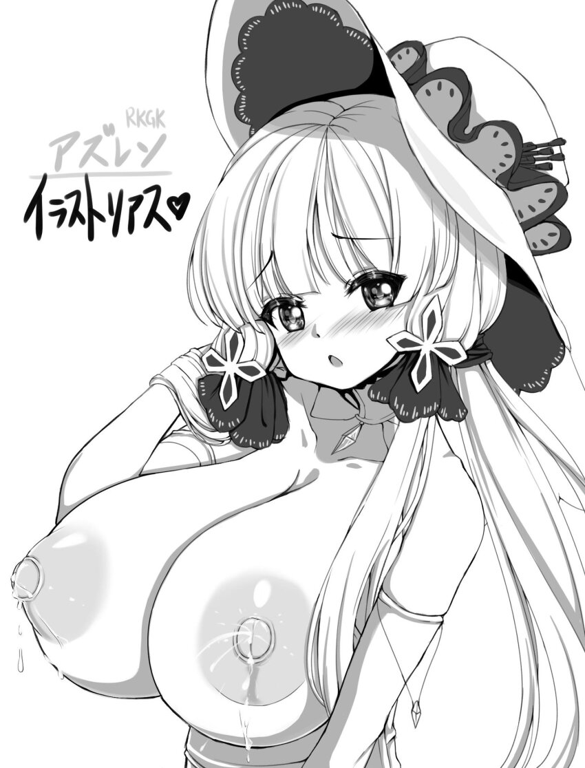 1girl amulet azur_lane bare_shoulders blush breasts cleavage embarrassed gloves hand_in_own_hair hat highres huge_breasts illustrious_(azur_lane) japanese_text kaedeno_yuu lactation long_hair monochrome nipples open_mouth solo sun_hat white_background