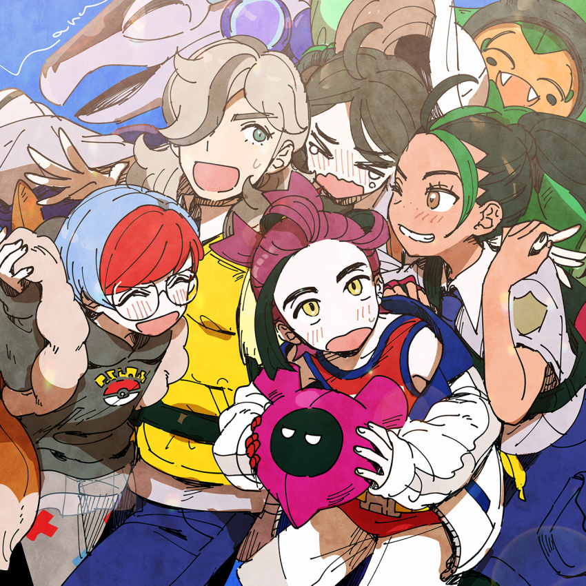 &gt;_&lt; 2boys 3girls arven_(pokemon) black_hair black_hoodie blue_background blue_hair blush brown_eyes brown_hair closed_eyes commentary_request creatures_(company) fangs game_freak glasses gloves grey_hair grin hair_over_one_eye haruhashi highres holding holding_poke_ball hood hoodie jacket juliana_(pokemon) kieran_(pokemon) long_hair miraidon multicolored_hair multiple_boys multiple_girls nemona_(pokemon) nintendo ogerpon one_eye_closed open_clothes open_jacket open_mouth pantyhose pecharunt penny_(pokemon) poke_ball pokemon pokemon_(creature) pokemon_sv ponytail purple_hair red_gloves red_hair red_tank_top shirt shorts simple_background single_glove smile sweat tank_top tears vest white_jacket yellow_eyes yellow_vest