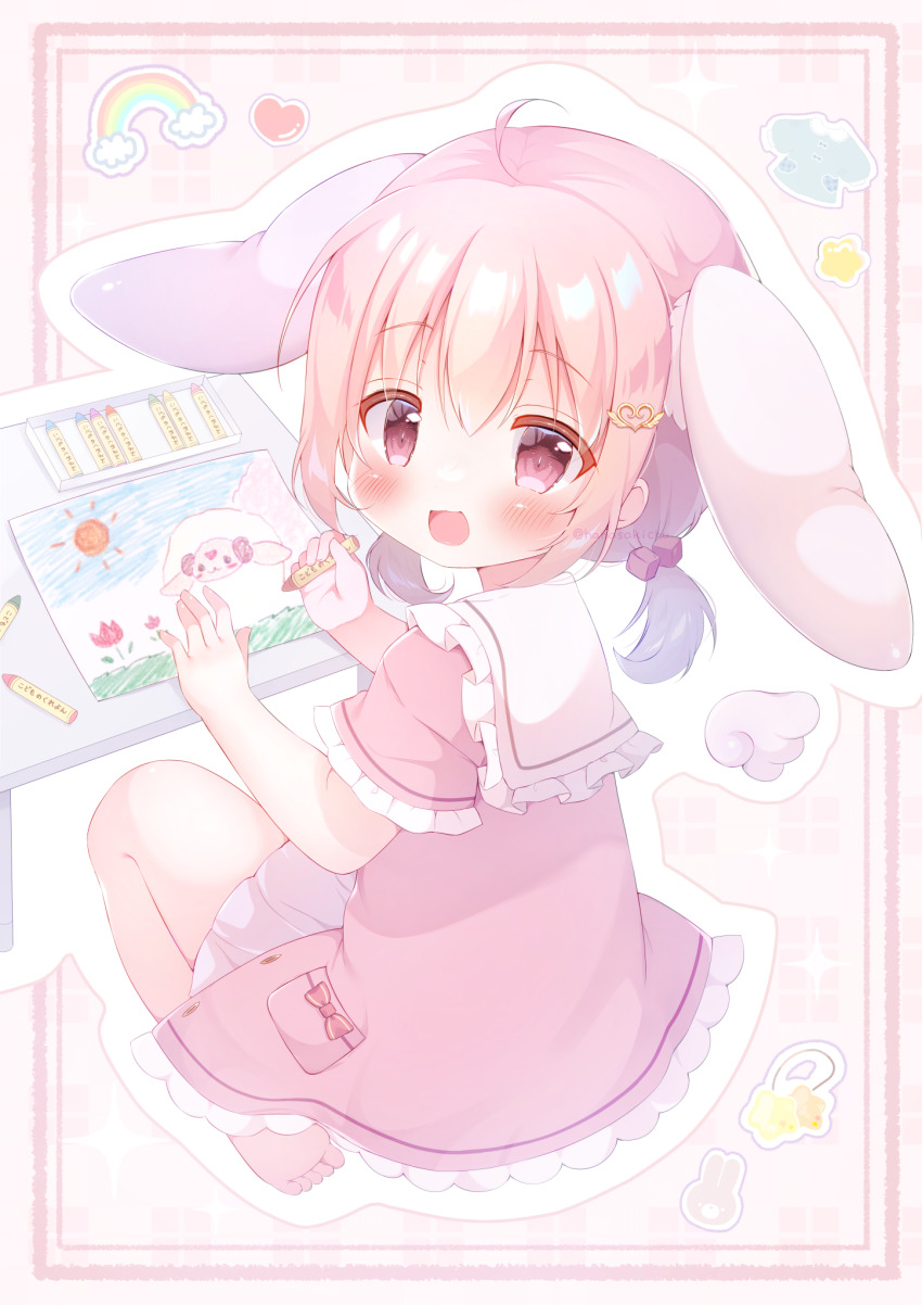 1girl animal_ears blush coat detached_wings from_behind hair_ornament hanasaki_chiyu hanasakichu heart heart_hair_ornament highres indie_virtual_youtuber looking_at_viewer low_twintails mini_wings oekaki open_mouth original pastel_colors pink_coat pink_eyes pink_hair rabbit_ears rabbit_girl sheep simple_background sitting smile solo twintails virtual_youtuber wariza wings