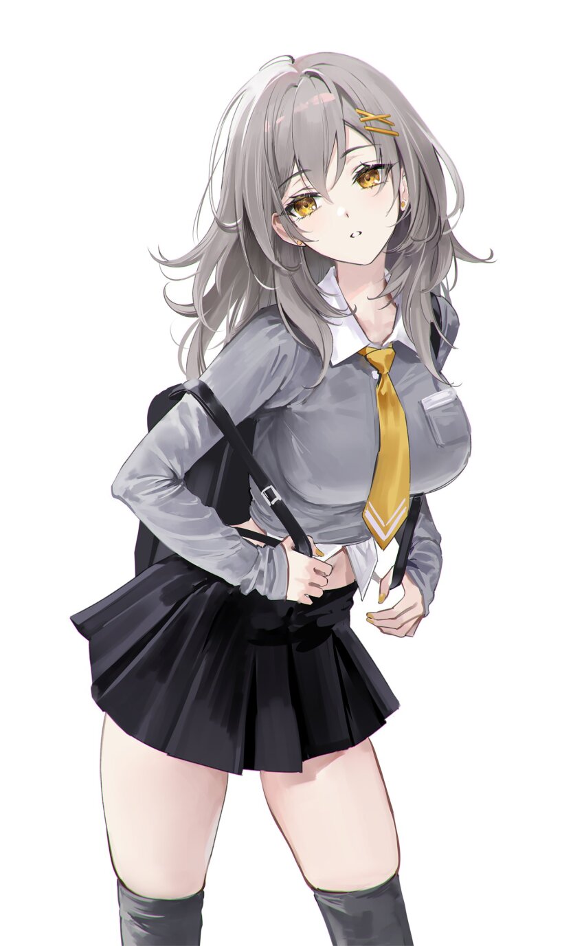 1girl absurdres alternate_costume bad_id bad_twitter_id black_skirt black_thighhighs cowboy_shot grey_hair grey_shirt hair_ornament hairclip highres honkai:_star_rail honkai_(series) long_hair looking_at_viewer midriff miniskirt necktie parted_lips pleated_skirt rity shirt simple_background skirt solo standing stelle_(honkai:_star_rail) thighhighs thighs trailblazer_(honkai:_star_rail) white_background yellow_eyes yellow_necktie