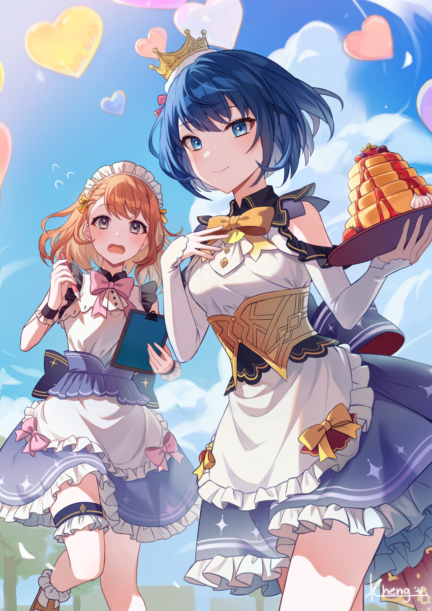 2girls absurdres apron arm_cutout balloon blue_hair blue_sky blush bow bowtie braid brown_hair clipboard cloud commentary_request corset crown dress flustered flying_sweatdrops food frilled_skirt frills fruit ganbaru_anata_ni_break_time!_(project_sekai) grey_eyes hair_ribbon hanasato_minori heart_balloon highres holding holding_clipboard holding_pen holding_tray kheng_(k_heng1223) kiritani_haruka korean_commentary looking_at_viewer maid_headdress mini_crown multiple_girls official_alternate_costume open_mouth outdoors pancake pen pink_bow pink_bowtie project_sekai purple_skirt ribbon short_hair sidelocks skirt sky sleeveless sleeveless_dress smile standing standing_on_one_leg strawberry swept_bangs thigh_strap tray whipped_cream white_apron yellow_bow yellow_ribbon