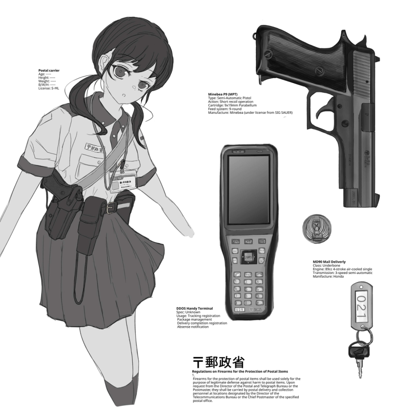 1girl :o arei belt belt_pouch black_socks employee_uniform english_text equipment_layout gun handgun highres holster holstered japanese_postal_mark key looking_at_viewer mailman monochrome name_tag open_mouth original parted_lips pleated_skirt pouch shirt_tucked_in short_sleeves skirt socks twintails utility_belt weapon