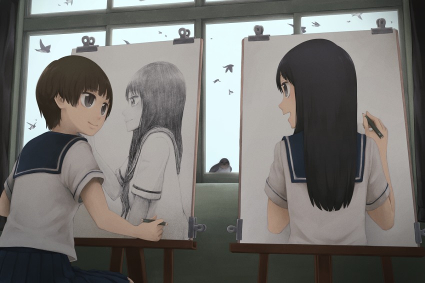 2girls backlighting bird black_eyes brown_hair clip commentary dark drawing easel eye_contact hand_on_another&#039;s_cheek hand_on_another&#039;s_face indoors long_hair looking_at_another looking_to_the_side multiple_girls oekaki_musume open_mouth original pencil pidgeon school_uniform serafuku short_hair sitting sky smile window yajirushi_(chanoma)