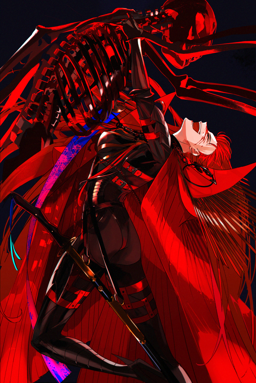 1girl :d ^_^ absurdres belt black_bodysuit blood blood_splatter blue_background bodysuit cape chain closed_eyes collared_cape ddlcclia facing_another fate/grand_order fate_(series) feet_out_of_frame film_grain from_side garter_straps hand_on_another&#039;s_neck highres holding_skeleton katana knee_up lifting_person oda_nobunaga_(fate) oda_nobunaga_(maou_avenger)_(fate) open_mouth popped_collar red_belt red_cape red_hair red_theme scabbard sheath sheathed simple_background skeleton smile sword weapon