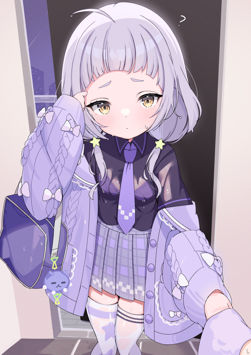 1girl ? absurdres ahoge aran_sweater asymmetrical_legwear bag black_shirt blush bra cable_knit commentary grey_hair hair_ornament highres hololive ichipon1515 indoors long_sleeves looking_at_viewer low_twintails mismatched_legwear murasaki_shion murasaki_shion_(school_uniform) necktie official_alternate_costume open_door pleated_skirt purple_bra purple_necktie purple_skirt school_bag see-through_clothes see-through_shirt shirt shoulder_bag skirt solo star_(symbol) star_hair_ornament sweater symbol-only_commentary thighhighs twintails underwear virtual_youtuber wet wet_clothes wet_hair white_thighhighs yellow_eyes zettai_ryouiki