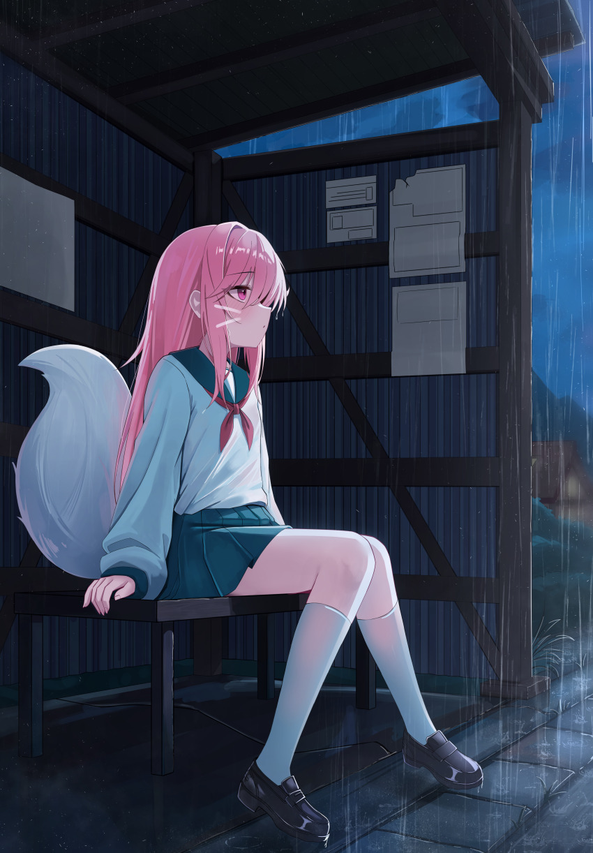 1girl absurdres bench black_footwear blue_sailor_collar blue_skirt bus_stop commentary_request drawn_whiskers highres kneehighs korean_commentary long_hair long_sleeves mau_(akdntm3158) neckerchief night night_sky on_bench original outdoors pink_eyes pink_hair rain red_neckerchief sailor_collar school_uniform serafuku sitting skirt sky socks solo tail white_socks white_tail